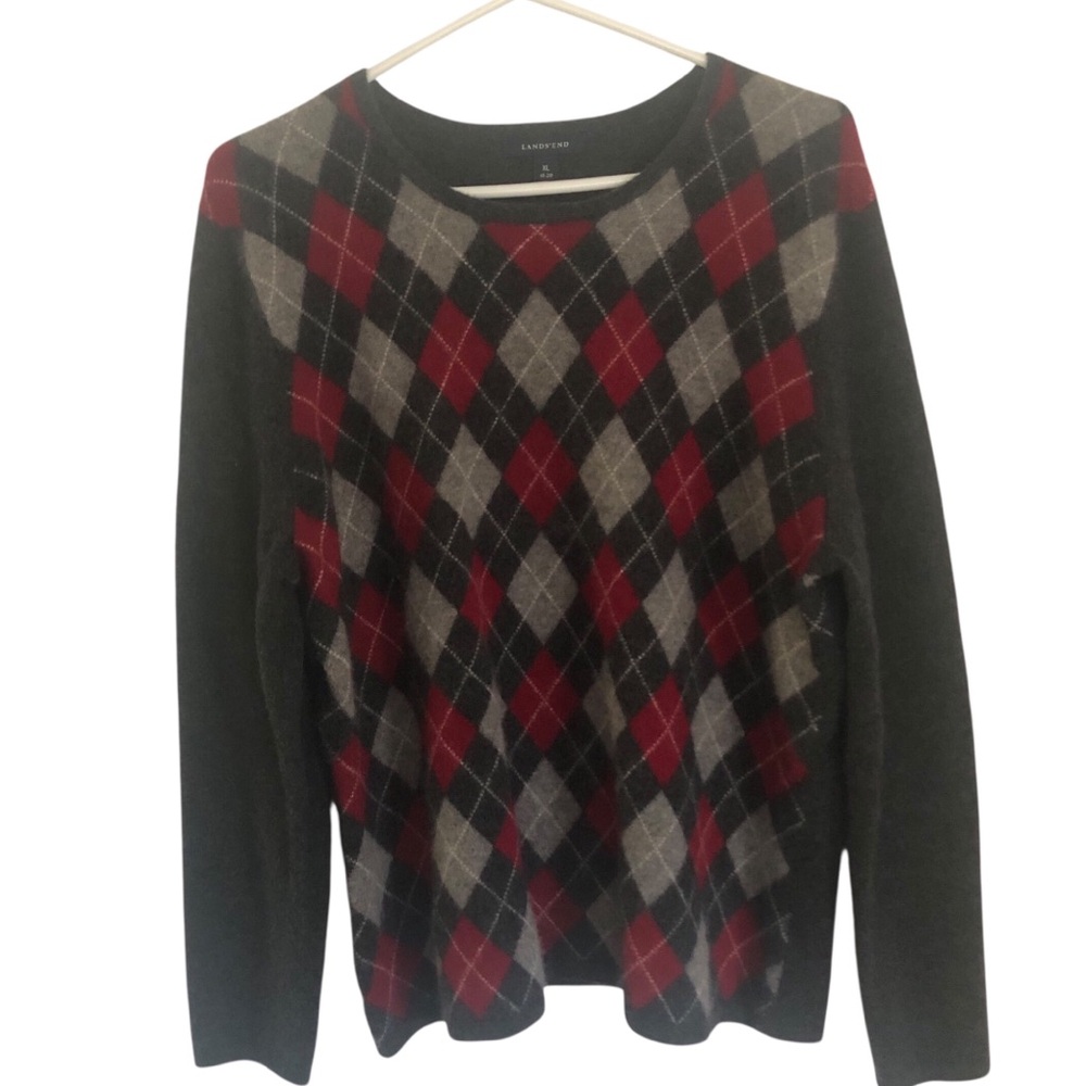 Argyle 100% Cashmere Long Sleeve Round Neck Sweater